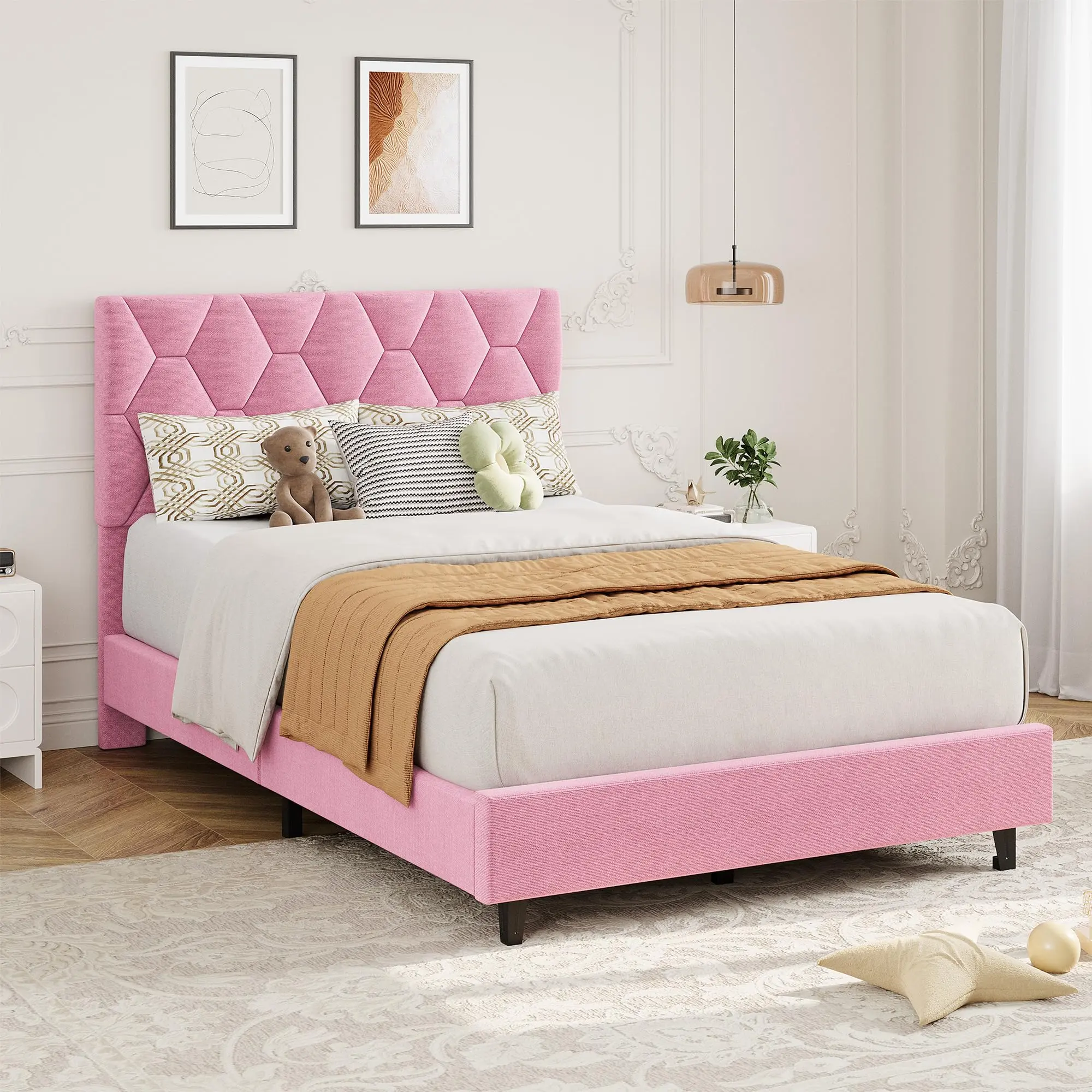 Pink Twin Bed Frame, Heavy-Duty Platform Bed with Upholstered Headboard, Strong Wood Slats, No Box Spring Needed, Easy Assembly