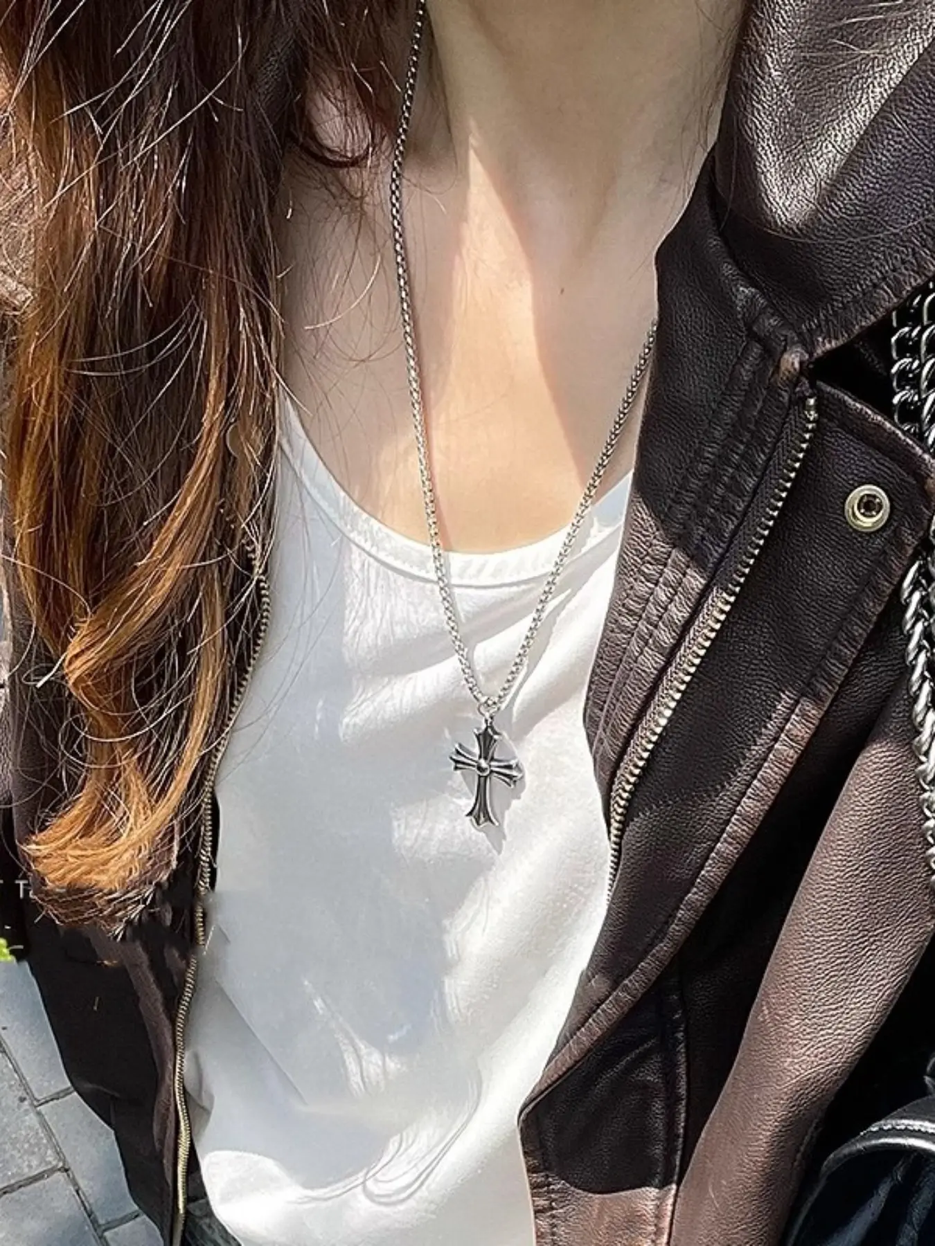 Vintage Antique Silver Cross Pendant Necklace, Gothic Punk Floral Cross Necklace, Hip Hop Religious Long Chain Jewelry for Men Women