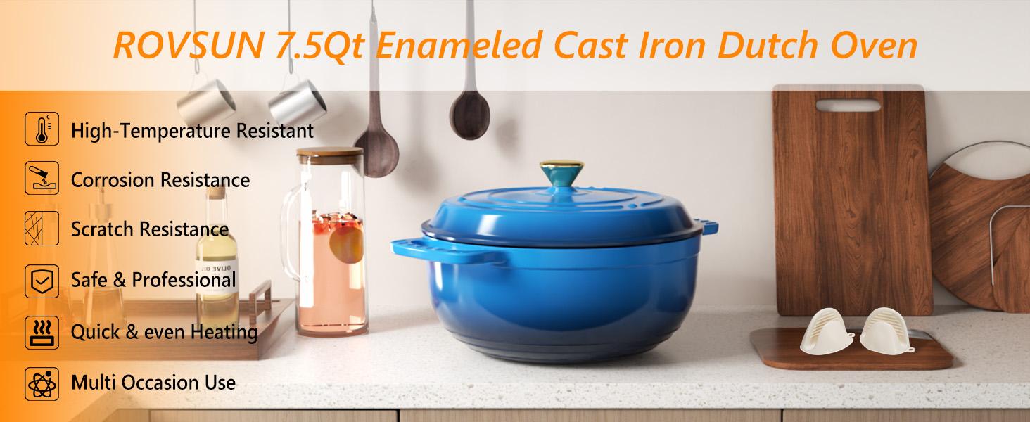 ROVSUN Enameled Cast Iron Round Dutch Oven, 5/6/7.5QT Pot with Lid &Dual Handles with Silicone Gloves,Oven Safe up to 500°F, Heavy-Duty Pre-Seasoned Cookware for Bread Baking, Braising, Stews, Roasting,Nonstick Durable Cooking,TikTokShopBlackFriday