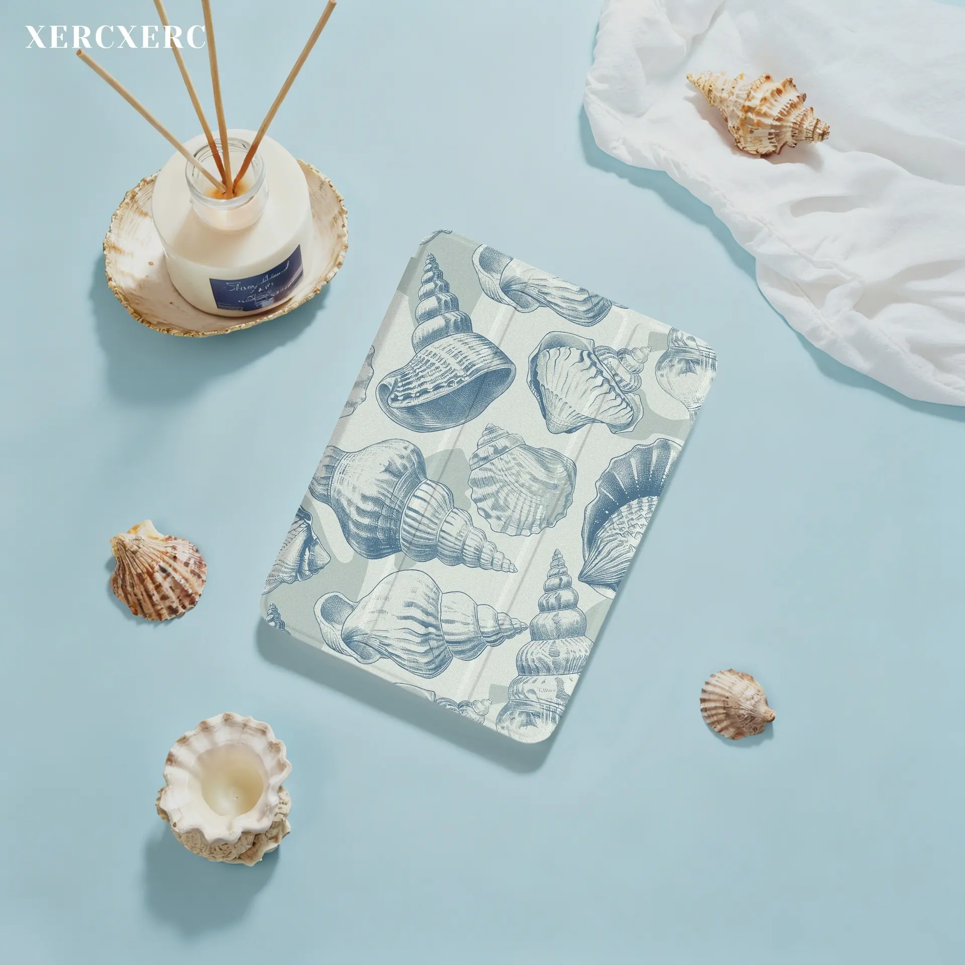 iPad case ipad accessories Blue Seashell Pattern PU Flip iPad Case, TPU Soft Shell with 3-Way Stand, Stylus Holder, Shockproof, Auto Wake/Sleep, Back to School Gift for Air 11inch, 10th Gen, Mini 8.3, Pro 12.9/11/10.9 (2025/2024), 10.9/10.5, Galaxy Tab S1