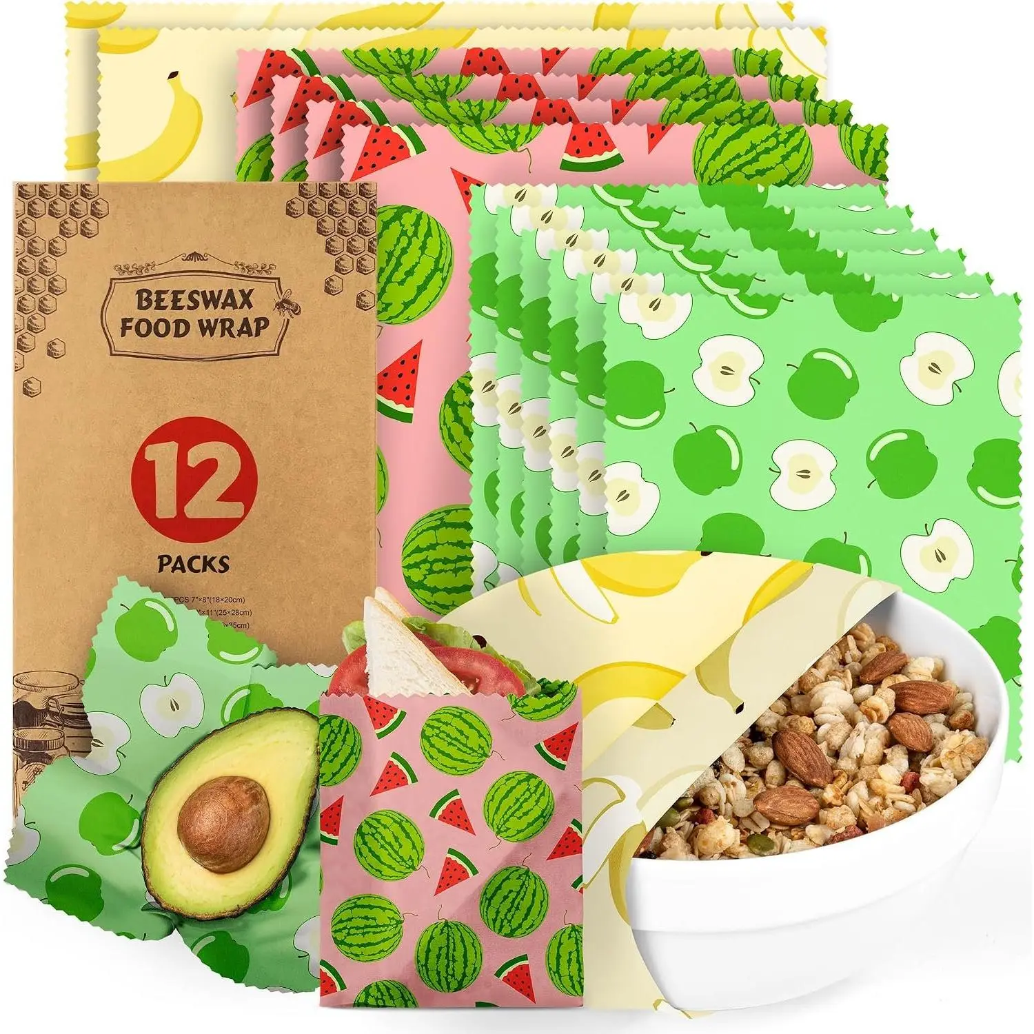 Beeswax  Wraps -  12 Pack, , Plastic-Free  Storage, Sustainable Gifts, 3 Sizes (6S,4M,2L)