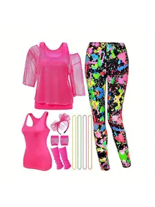 80's Vintage Hippie Disco Cosplay Costume Neon Net T-shirt Pants Necklace Set Ladies Halloween Carnival Party Prom Costume Cosplay