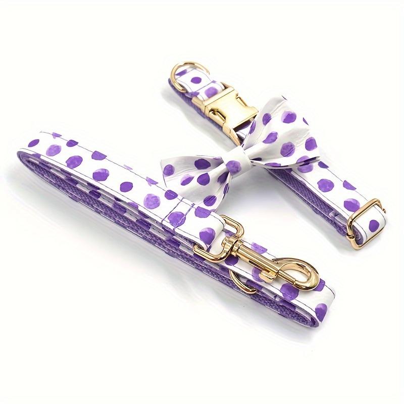[Personalized] 3pcs/set Light Purple Polka Dot Adjustable Pet Dog Collar, Leash Bow Tie Set, Free Laser Engraved Dog's Name, And Owner's Phone Number, Wedding Gift For Dogs Customized