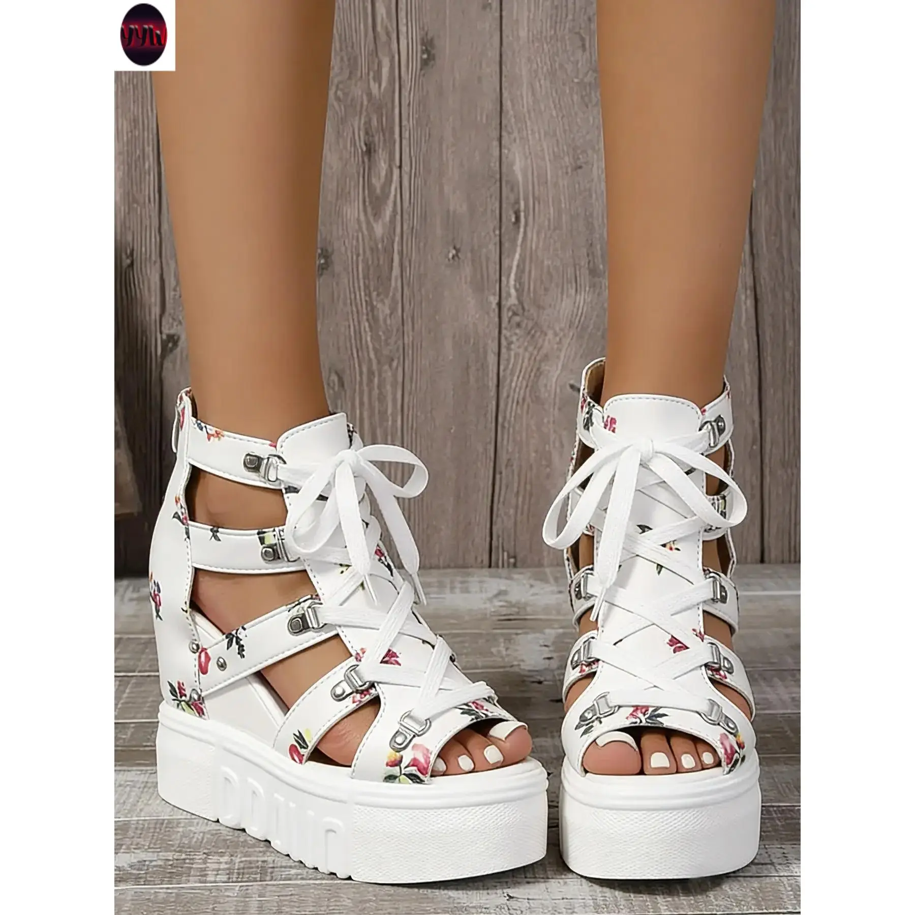 YYW1 Women's Floral Hollow Out Wedge Sandals, Lace-Up Thick Sole-Top Shoes, Party Heeled Boots, Comfortable Stage Shoes, Wedge Heels