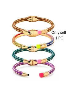 Trendy Enamel Pencil Eraser Spring Bracelet for Women Fashionable Colorful Crystal Accented Stackable Bangle with Geometric Line Design Unique Creative Jewelry Accessory