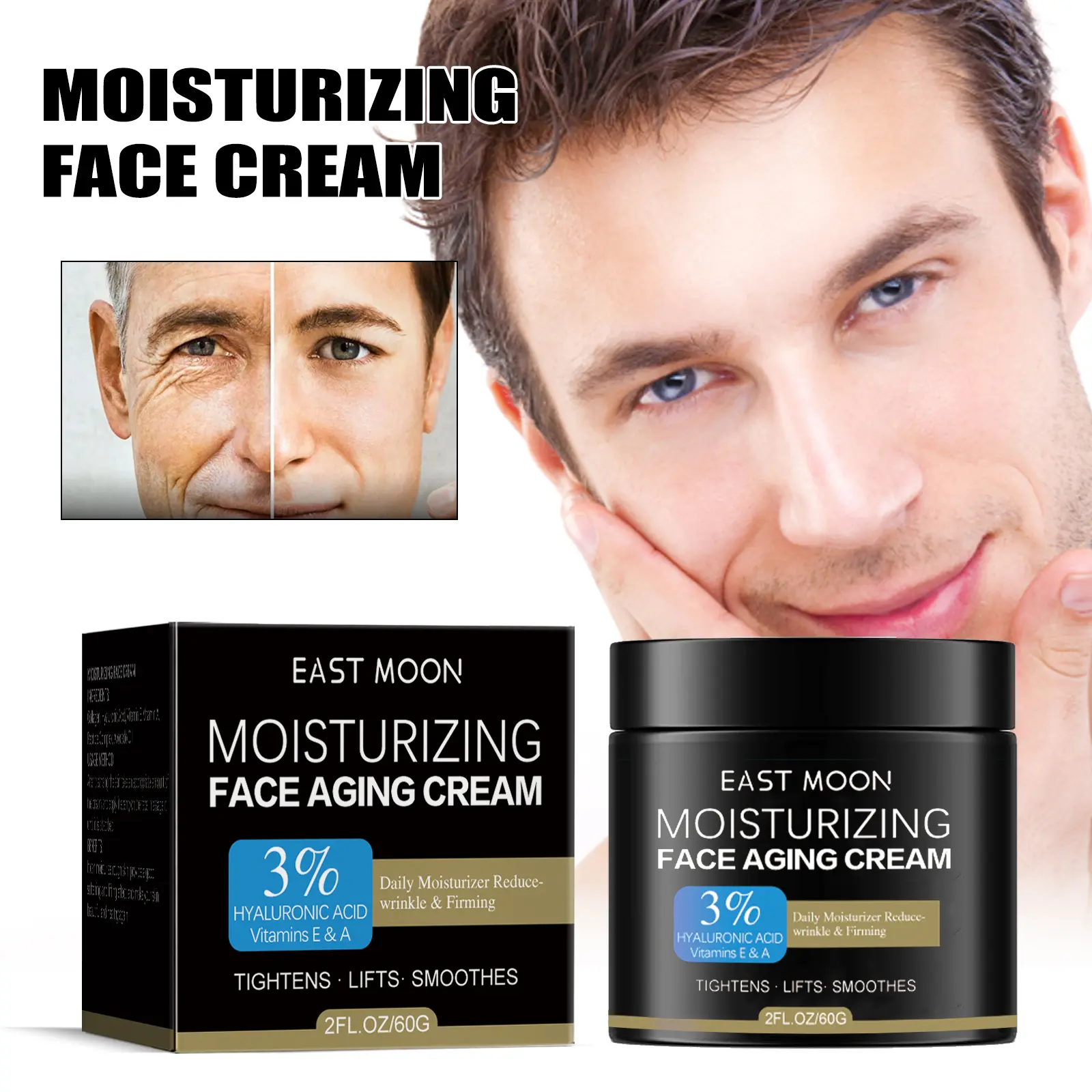 East Moon Moisturizing Anti-Aging Face Cream - 3% Hyaluronic Acid, Vitamin E & A, Cream Texture, Daily Hydration Boost, Post-Cleansing Application for Smooth Soft Skin, Moisturizer Moisture Hydrate Hydrating