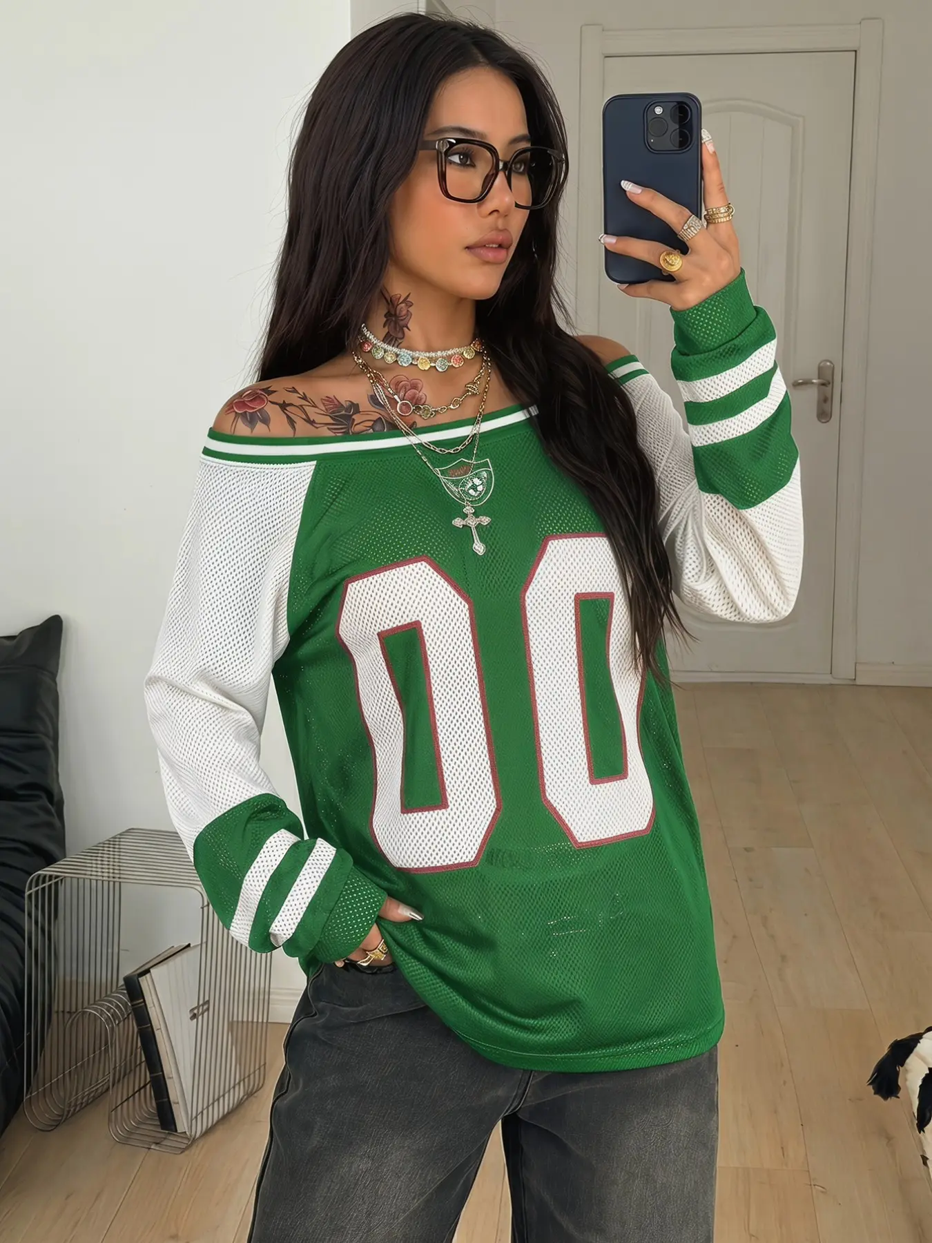 Black Base White Raglan Cold Shoulder Mesh Long Sleeve Jersey, Contrast Rib Neckband & Double White Striped Cuff, Front Big 00 Number + Shield Badge Embroidery, Honeycomb Quick Dry Breathable Mesh, Drop Shoulder Oversized Fit, Retro Y2K Sport Baddie Style