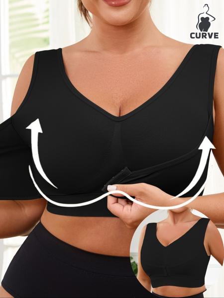 【Plus Size】 Solid Color Push Up Wide Strap Bra, Women's Comfortable Breathable Soft Stretch Bra,No Padding,Front Chest Buckles Design,Women's Lingerie for All Seasons,Ladies Knitted Underwear For Daily or Any Occasion