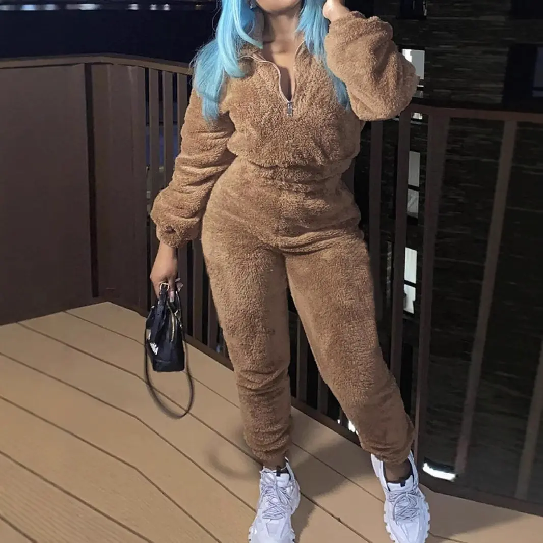 Women Solid Color Fuzzy Plush 2 Piece Outfit Long Sleeve Top & Long Pants Fall Winter Casual Loungewear Set Soft Fluffy Cozy Thermal Tracksuit Loose Fit Fashion Streetwear Matching Suit For Daily Home Sleepwear Outdoor Ladies Warm Outfit