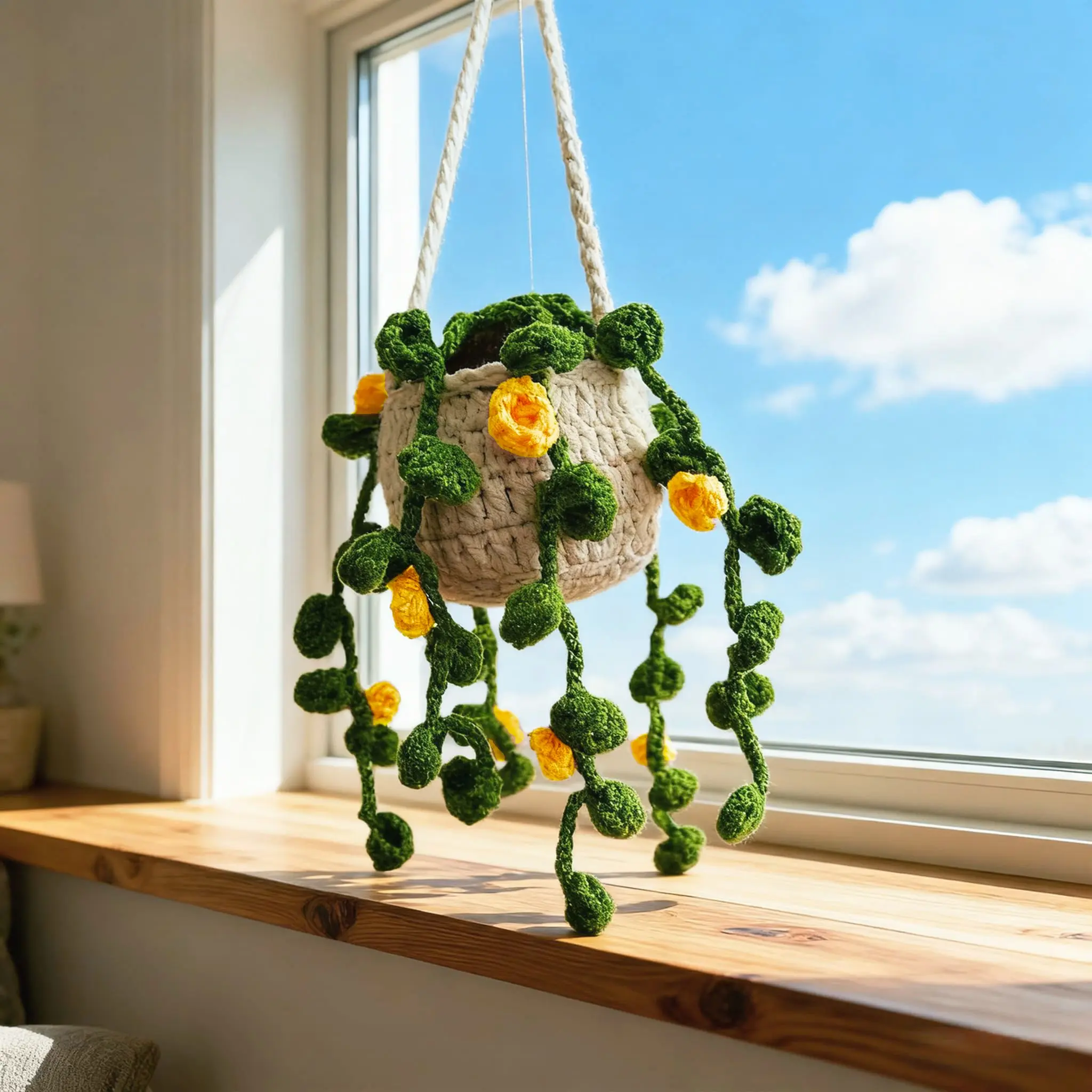 1pc Cute Crochet Yellow Flowers Plants Hanging Baskets for Home Ornament, Beautiful Boho Handwoven Succulent Plant Potted Pendant for Holiday Ornament Desktop Wall Decor