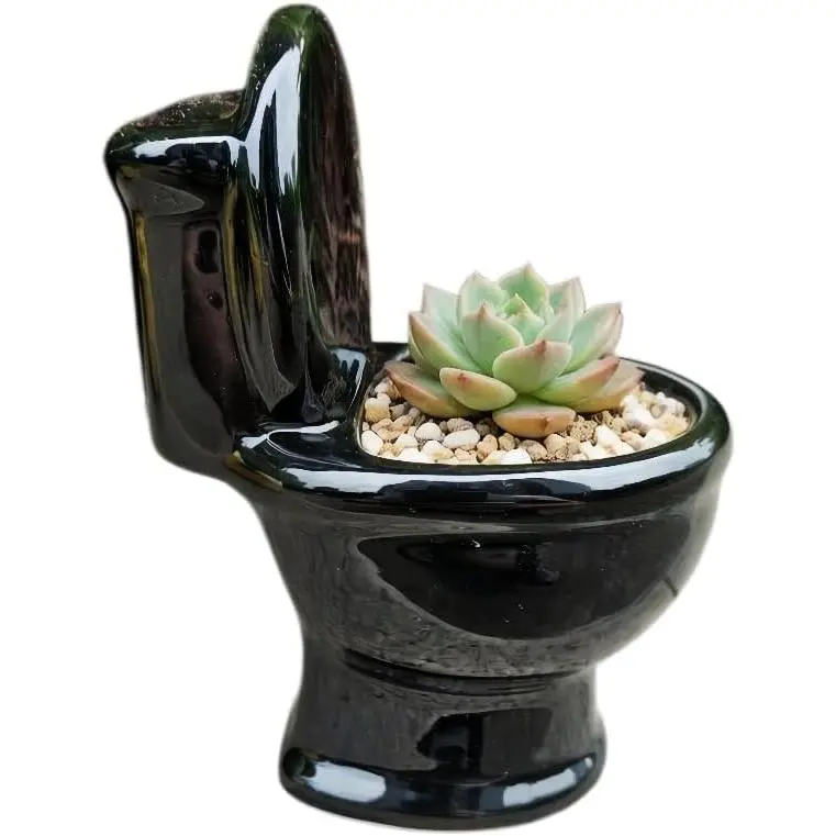 Ceramic Toilet Bowl Shaped Flower Pot -  and Charming  Decor (Black)