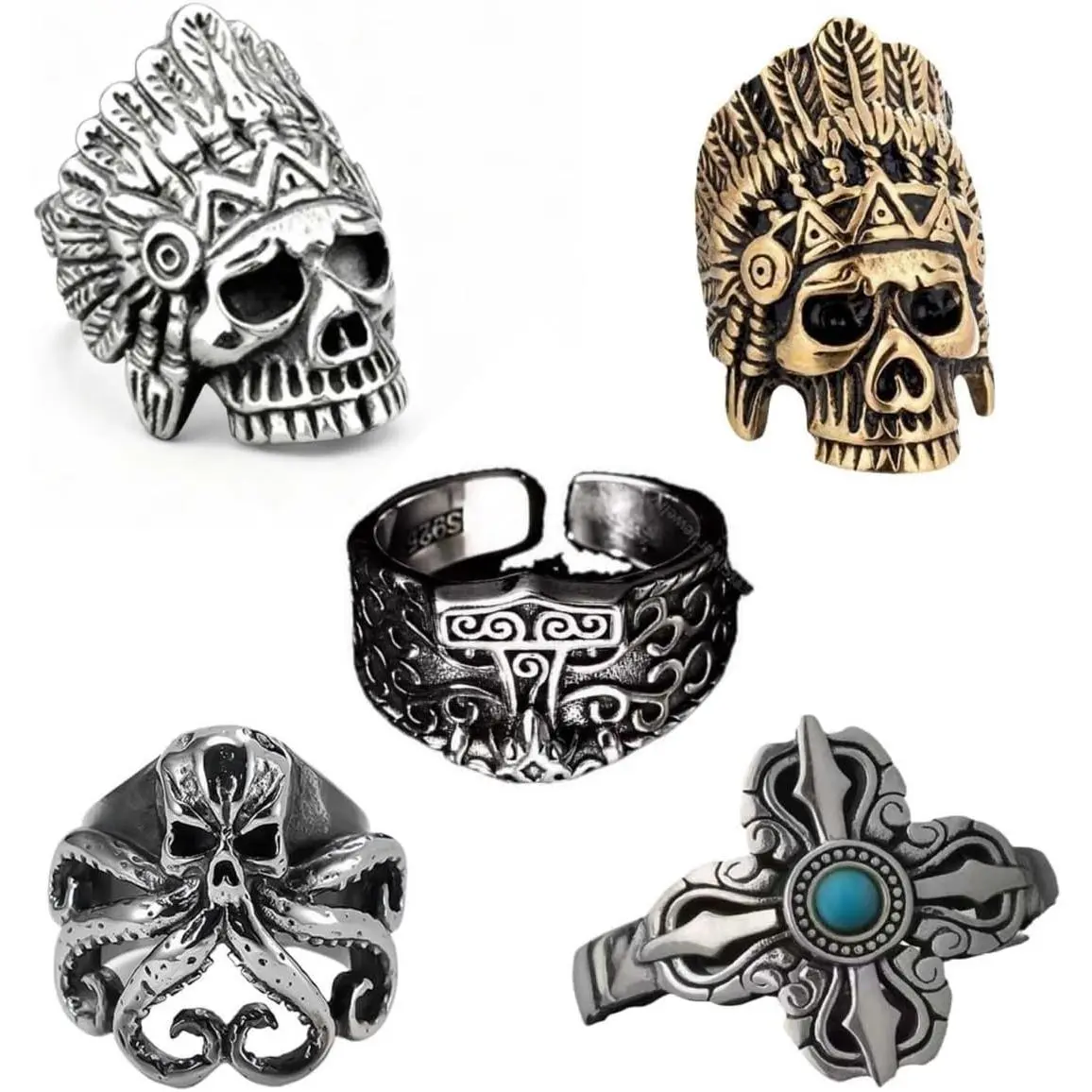 Men's Punk Style Ring Set of 5 Adjustable Rings - Indian Skull  & , , Octopus,  Vajra Gothic Boho Rings for Daily & Party Wear