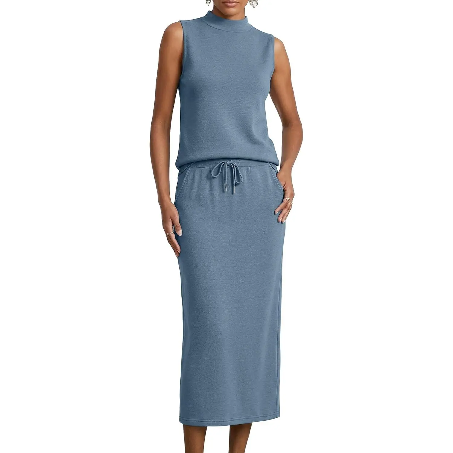 Women's Light, Smooth, Comfy 2-Piece Matching Modern Loungewear Set - Breathable Fabric, Sleeveless Mock Neck Top with Pockets, Adjustable Drawstring Midi Skirt with Back Slit, Low Iron, Summer Casual Lounge Outfit (Gift)