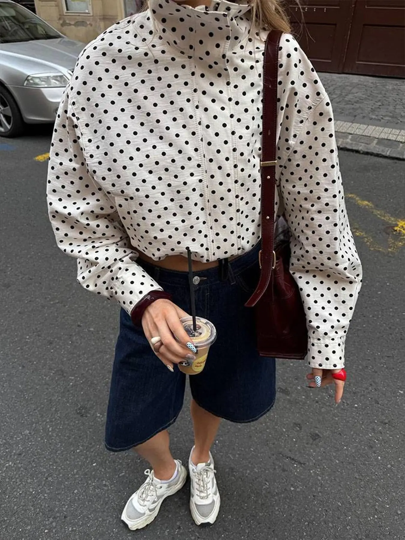 Women's Fashion High Neck Long Sleeve Jacket, Loose Fit Polka Dot Pattern, Zipper Design, Spring & Fall Casual Outerwear