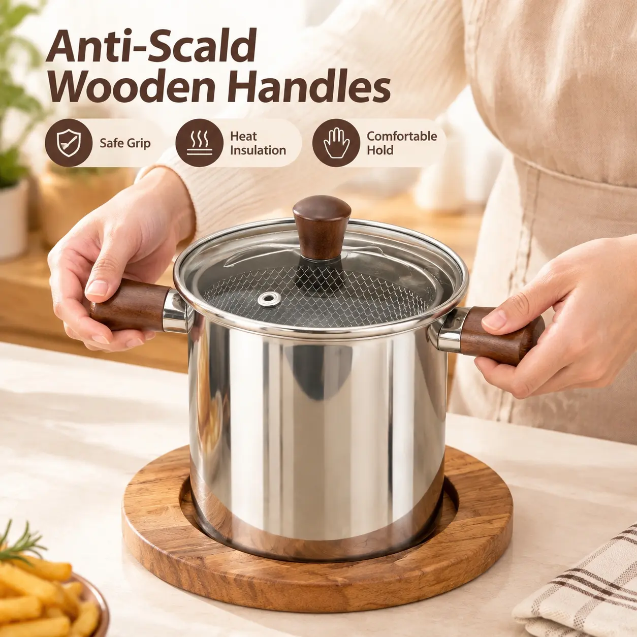 304 Stainless Steel Deep Frying Pot with Double Wooden Handles, Small Deep Tempura Fryer for Home, Includes Frying Basket & Glass Lid, Suitable for Induction Cooker