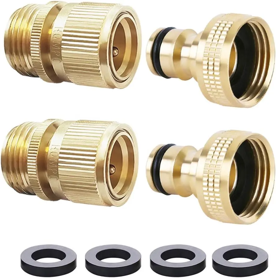 Solid Brass Garden Hose Quick Connectors, 1.91 cm GHT Water Pipe Fittings (2 SETS) outdoor lawn no-leak