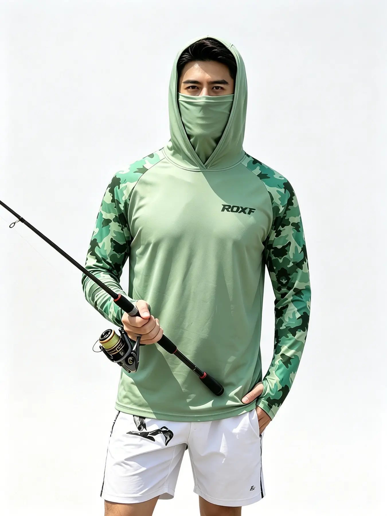 Hooded Fishing Jersey ，Men Raglan Long Sleeve Fishing Shirt Hooded With Attached Face Cover Camo Camouflage Print High Stretch Quick Dry Moisture Wicking Breathable Connected Thumb Cuff Saltwater Freshwater Outdoor Angling Jersey