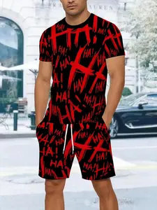 Men's 3D Casual Round Neck T-Shirt Set, 3D Digital Print Color Block Sporty Outdoor Short Sleeve T-Shirt and Shorts Matching Set, All Seasons Slim Fit Suit