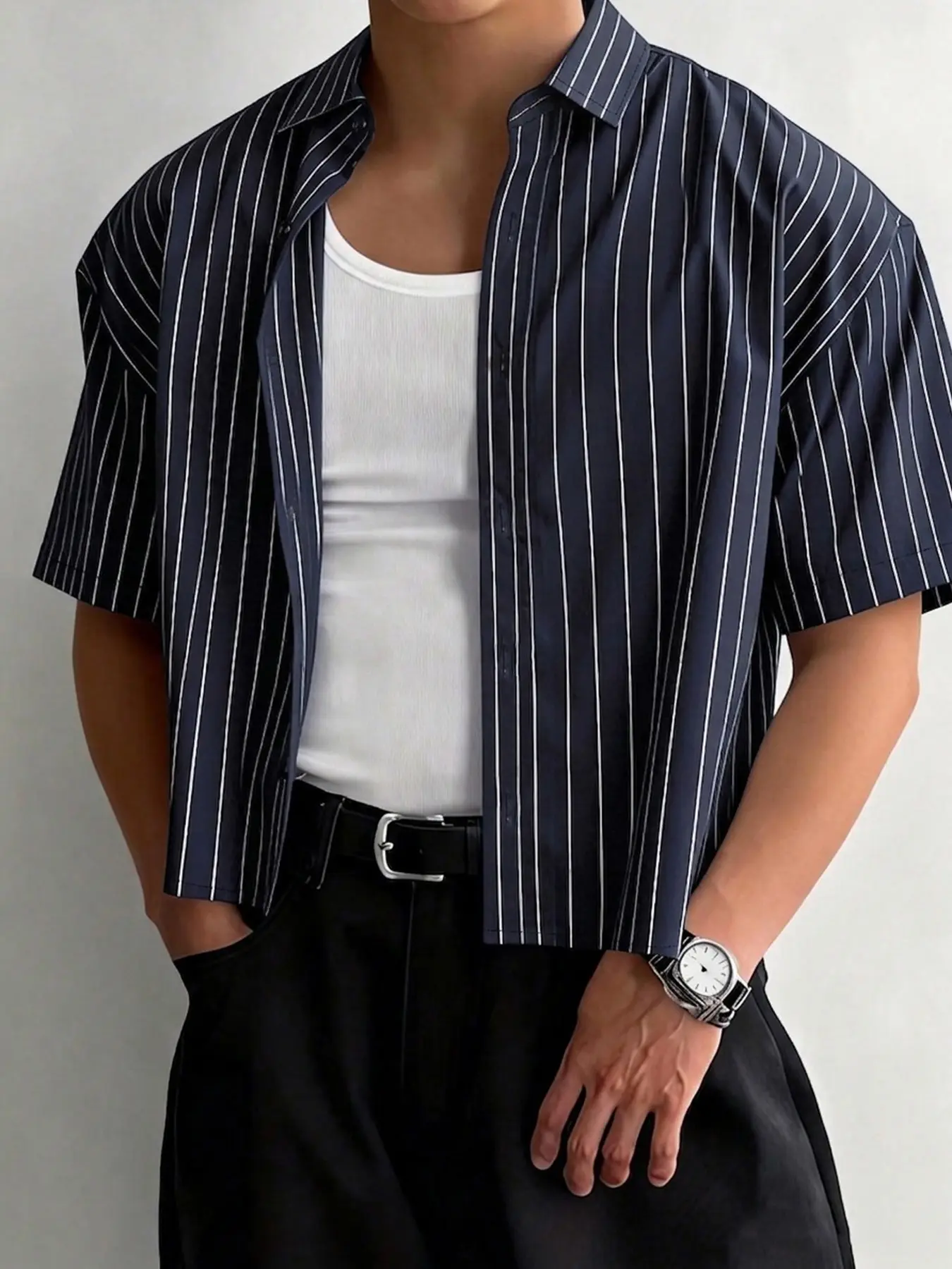 Men's Casual Shirt, Vintage Striped Short Sleeve, Street Style Layering Top, Fitted Design, No Zipper, with Collar, Classic, Menswear