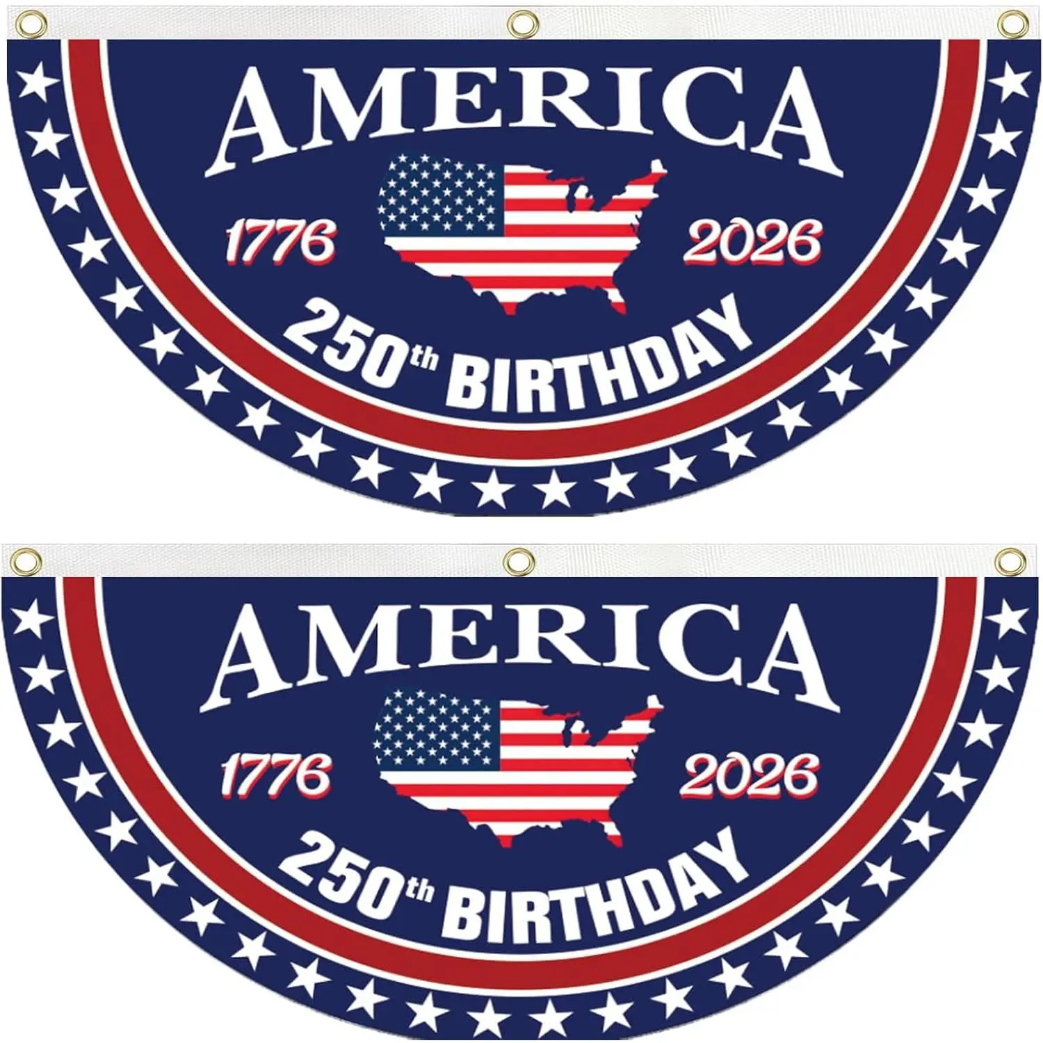 250 Year Anniversary Patriotic Fan Bunting Banner 1776–2026, USA Map Flag Design with Stars, 3x6 FT Large Outdoor Decoration, Brass Grommets, 2 Pack