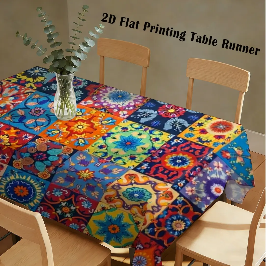 1Pc Polyester Tablecloth, Vibrant Tile Bohemian Floral Mosaic Style, Light Thin Breathable  Fabric for Boho Decor Lovers Dining Table Daily Decoration