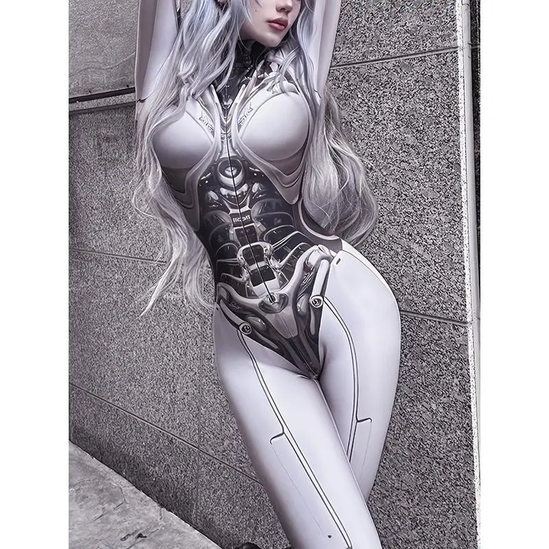 Female robot/android print bodysuits, zip-back bodysuits, themed events and casual wear, exaggerated bodysuits, gothic bodysuits, short sleeve loose bodysuits, futuristic bodysuits, Halloween bodysuits, cyberpunk costumes, gamer costumes