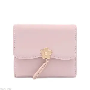 Cute Flower Metal Snap Trifold Short Wallet for Women, Soft Solid Faux Leather Mini Purse with Letter Pendant, Multi Card Slots and Coin Pocket, Compact Student Daily Use Wallet, Lightweight Gift Clutch Organizer
