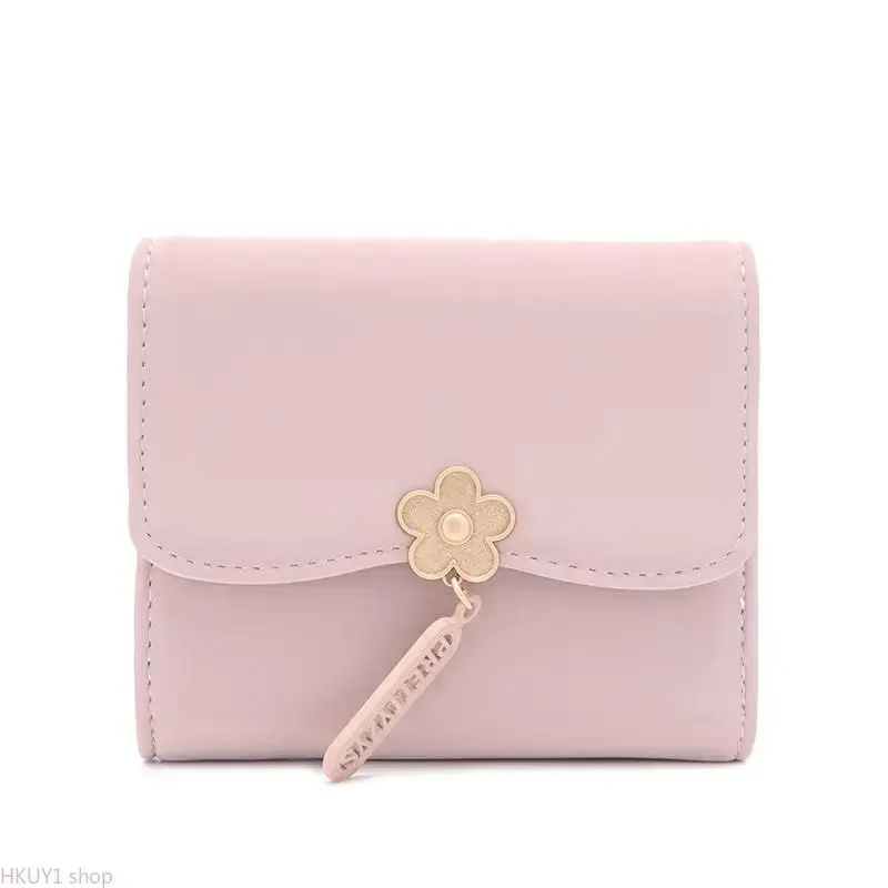 Women's Cute Soft Faux Leather Trifold Short Wallet - Lightweight Compact Synthetic Organizer with Flower Snap, Letter Pendant, Coin Pocket, Gift Clutch for Student Daily Use