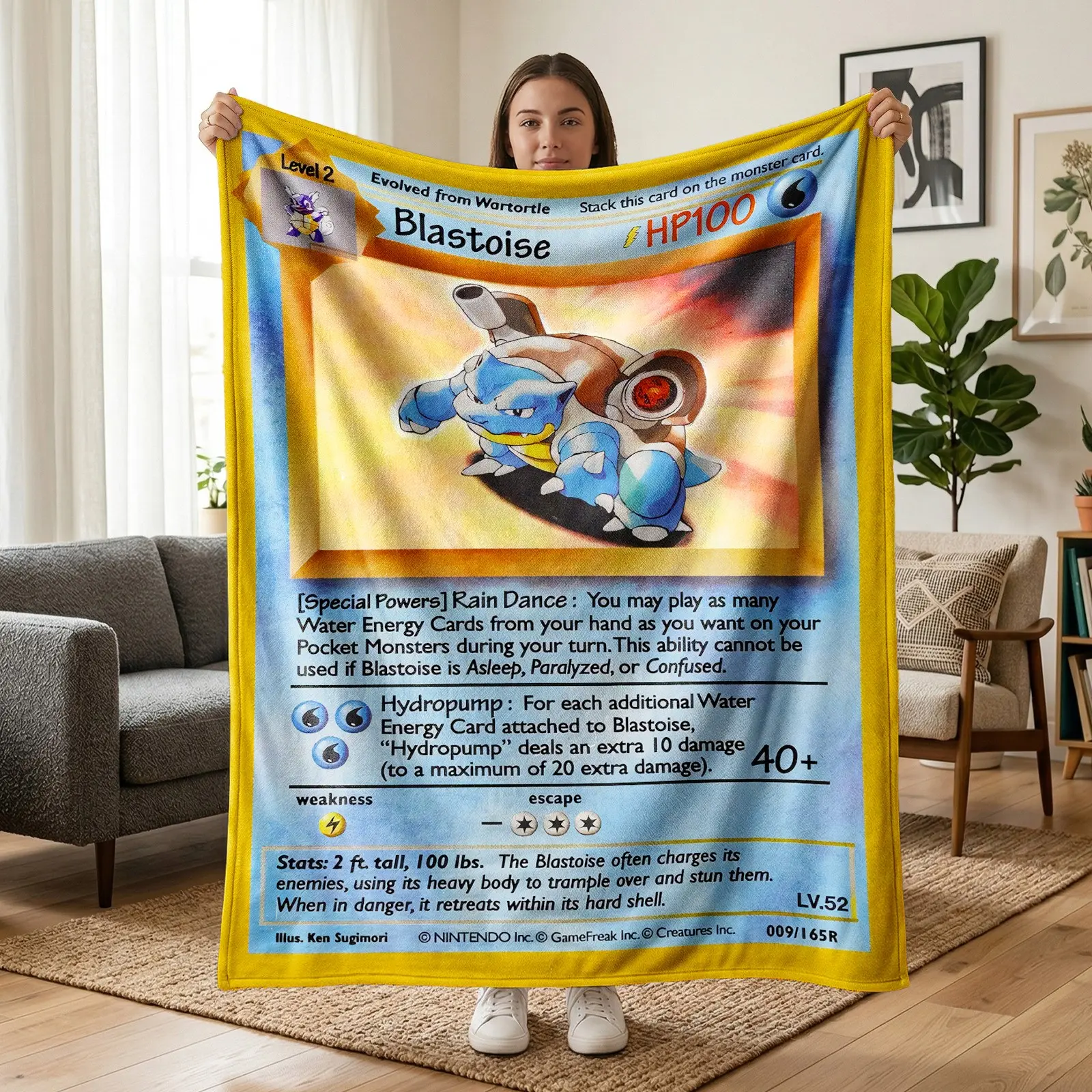 1pc Pokemon Blastoise Vintage Card Cozy Fleece Blanket, Printed with Blastoise Card Art, Skill Text, Retro Card Border Anime Elements. Soft Warm Nap Blanket for Sofa, Bed, Office, Shawl, Camping & Travel, Ideal Christmas Gift.