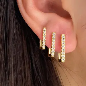 Gold Bar Hoop Earrings Set for Women Micro Pave CZ Inlaid Rectangular Huggie Hoops Pack Gradient Length Stackable Multiple Piercing Jewelry Set
