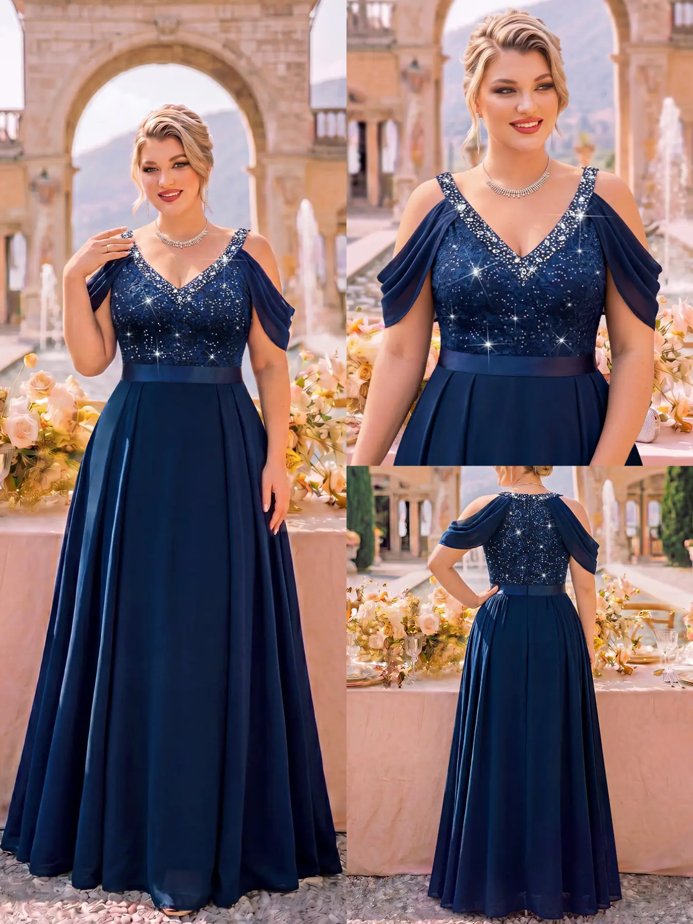 MISSMAY P26988 Plus V Neck Insert Rhinestones Sequin Floral Lace Cutout Shoulder Cape Sleeve Contrast Chiffon Pleated Hem Formal Party Dress Wedding Guest Gown