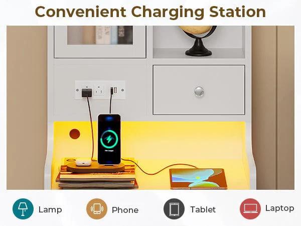 Sikaic LED Tall Nightstand with Glass Door Storage White Modern Accent Tables Modern Furniture Bedside Cabinet