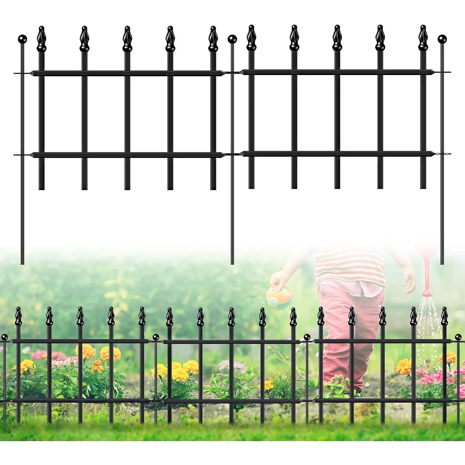 Decorative Metal Garden Fence 11in H x 6ft L, Small Border Fence Roman Column Deco, Garden Fencing for Flower Bed Lawn Landscape Outdoor, 5 Panels + 6 Stakes Black