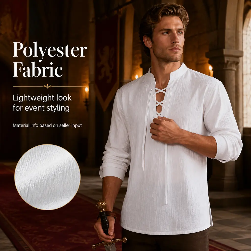 Men's Medieval Lace-Up Long-Sleeve Stand-Collar Shirt - Renaissance Pirate Cosplay Top for Adult Special Occasion Events Classic Costume