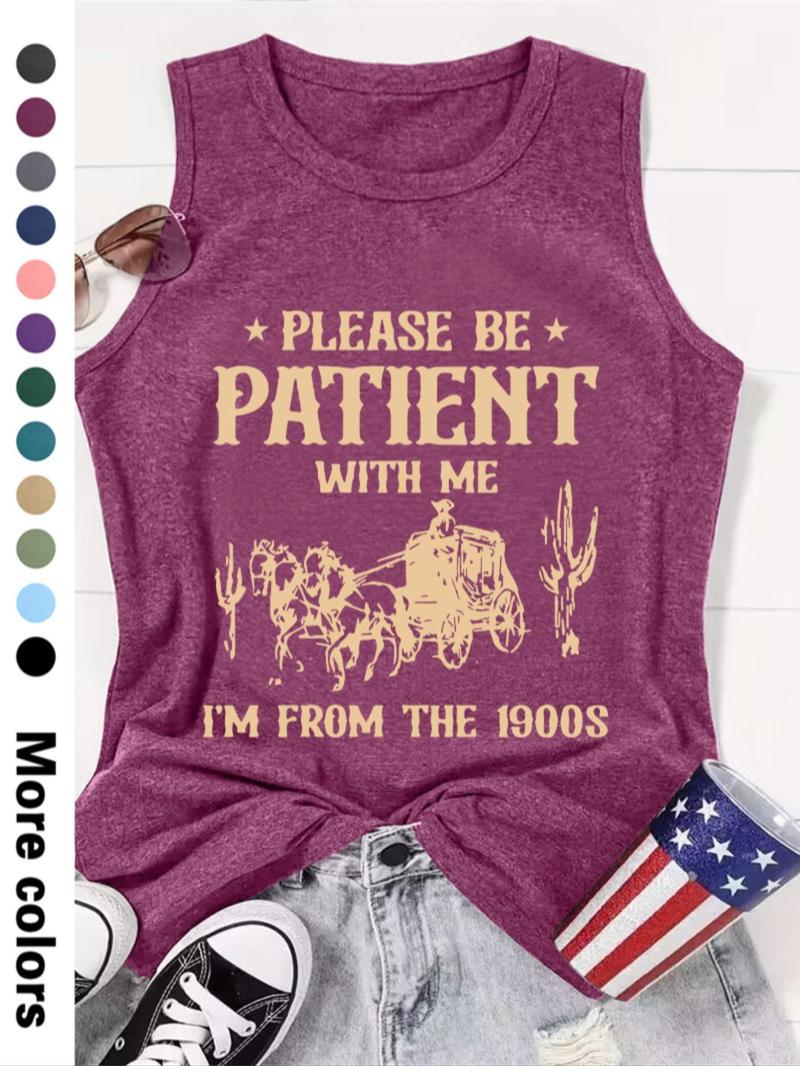 Women's Letter Print Round Neck Tank Top, Casual Sleeveless Crew Neck Top for Daily Wear, Ladies Clothes for All Seasons