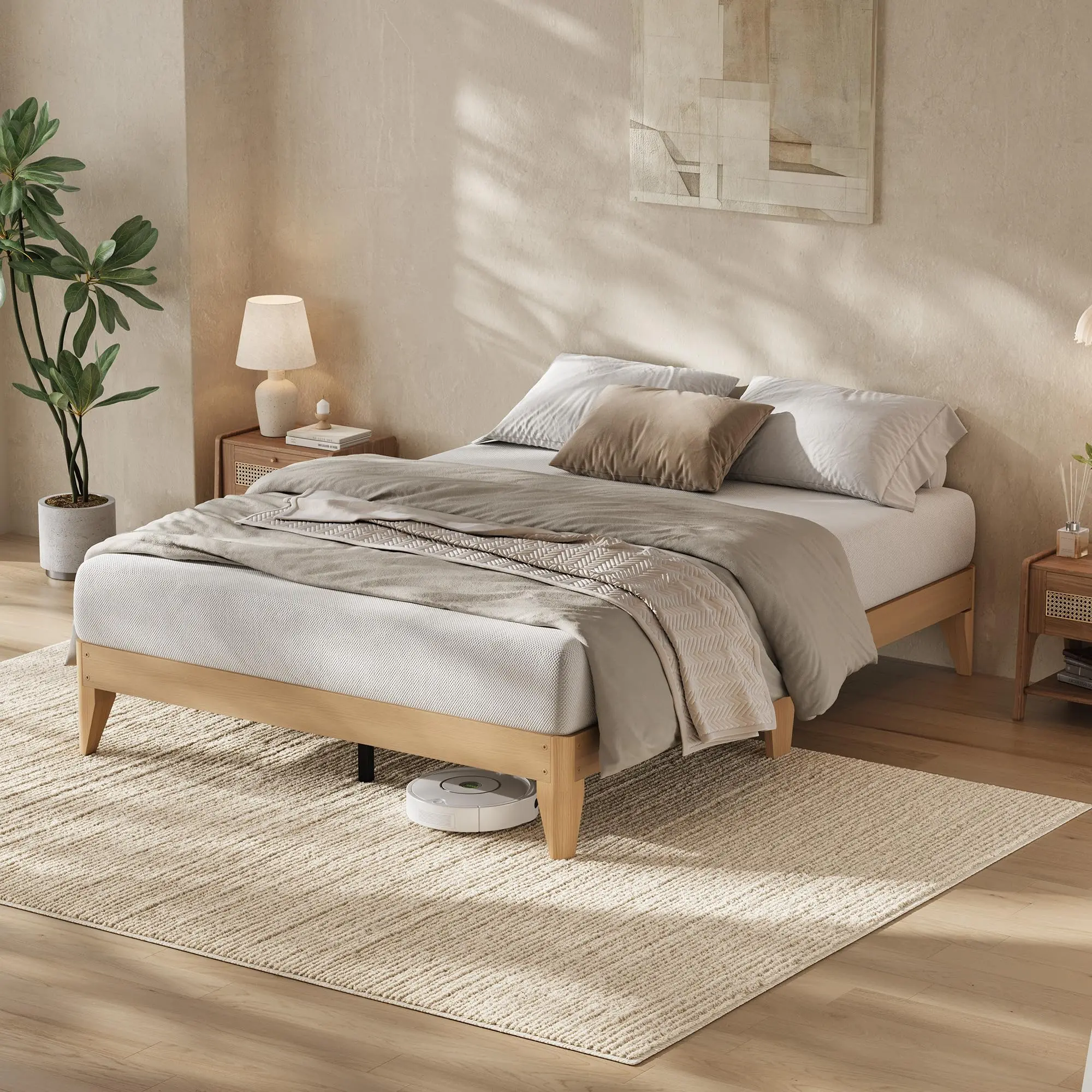 Wood Platform Bed Frame – Sturdy Solid Wood Legs & Slats, Metal Center Support, No Box Spring Needed, Easy Assembly – Multiple Sizes
