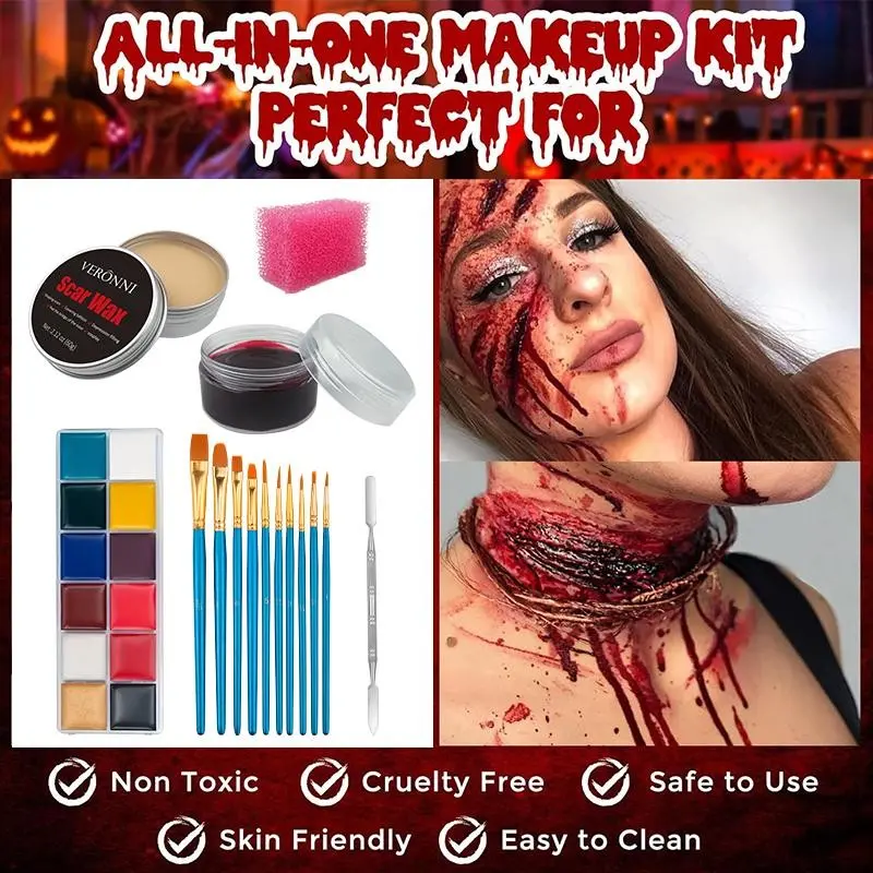 Professional Sfx Makeup Kit, 6-Piece Set with 12 Colors, Wax, Blood Plasma, Brushes, Tools, Perfect for Halloween, Zombie, Vampire, Cosplay