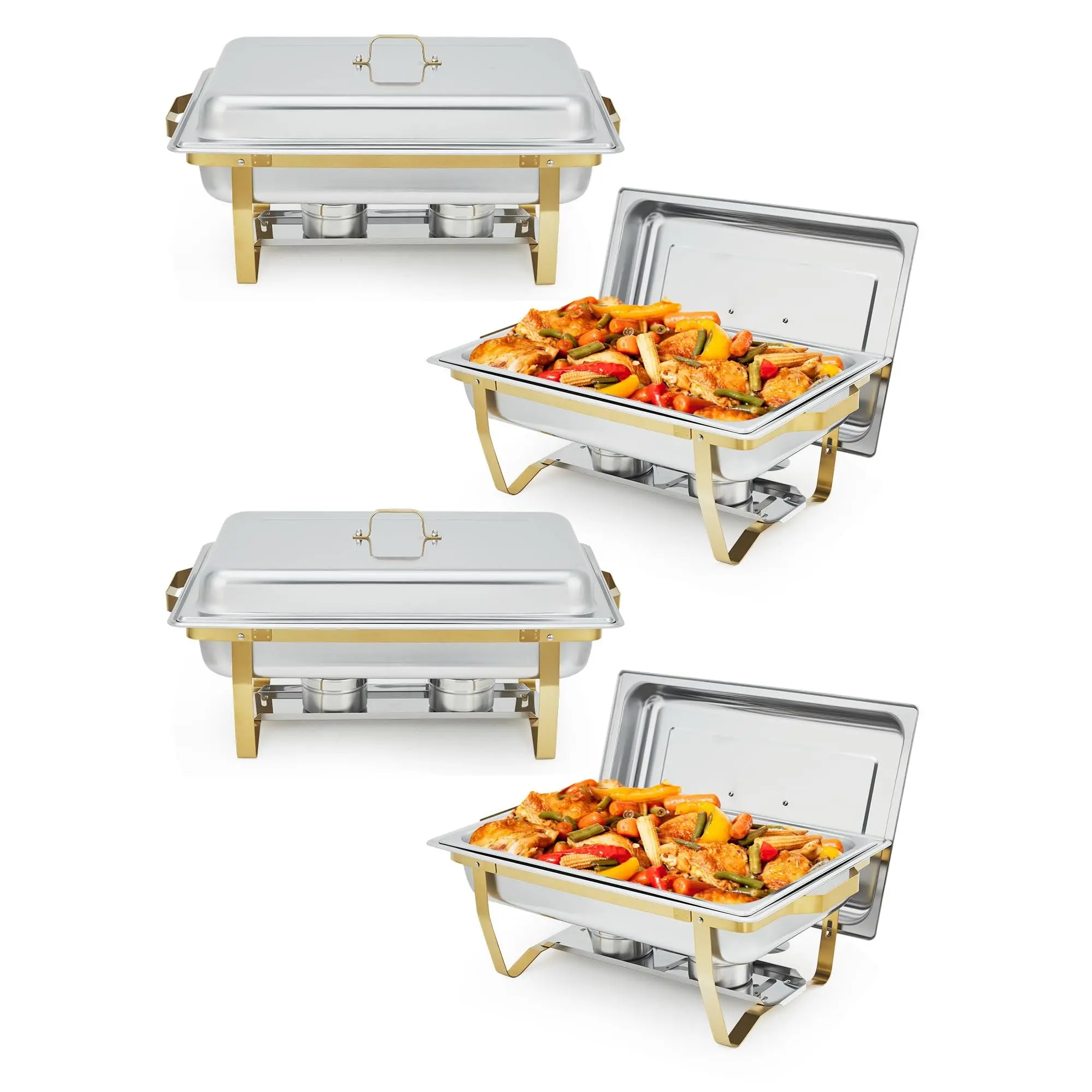 GARVEE 4-Pack 8QT Stainless Steel Buffet Chafing Dish Set with Lids and Foldable Frames, Rectangular Food Warmers for Catering, Parties, Weddings, and Events in Elegant Gold Finish