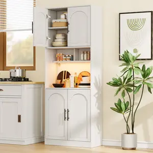 71" Tall Pantry Cabinet with LED Light Strip, Freestanding Kitchen Hutch Storage Cabinet with Adjustable Shelves, Countertop & Microwave Shelf, Modern Farmhouse Cupboard for Dining Room