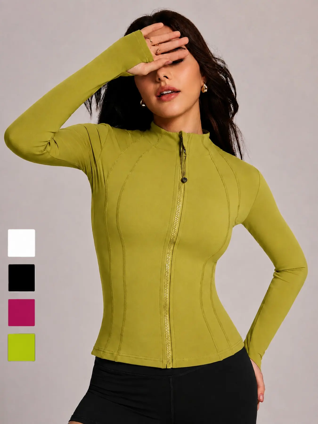 Women’s Full Zip Activewear Jacket, Fitted Long Sleeve Sports Top with High Collar, Clean Contoured Design and Thumbhole Cuffs for Workout, Running, Commuting, Travel and Daily Casual Styling