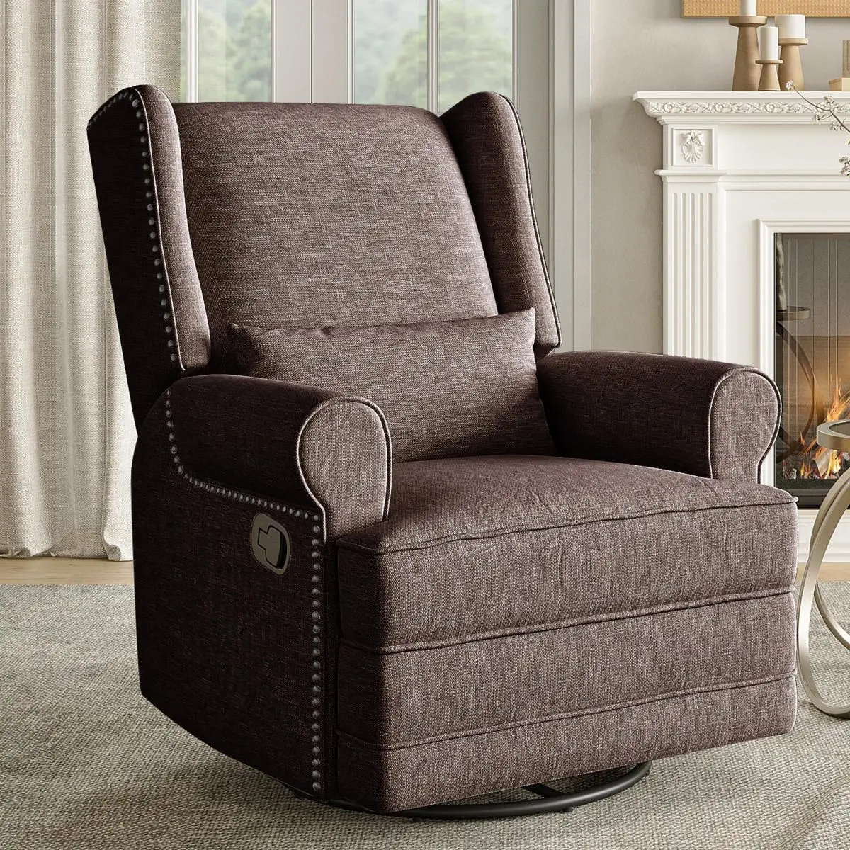 [Bellemave]Swivel Recliner Chair, Comfy Glider Rocking Chairs with Lumbar Pillow and Footrest, Upholstered Swivel Rocking Chair for Bedroom,Nursery,Brown On-Site