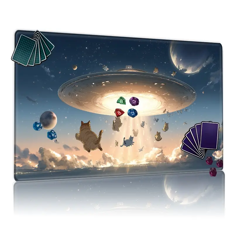 Surreal Twilight UFO & Floating Cats TCG Playmat 12x24inch Non-Slip - MTG Compatible Magic Card Game Mat for Party Home Use, Perfect Gift for Fantasy Card Game Enthusiasts