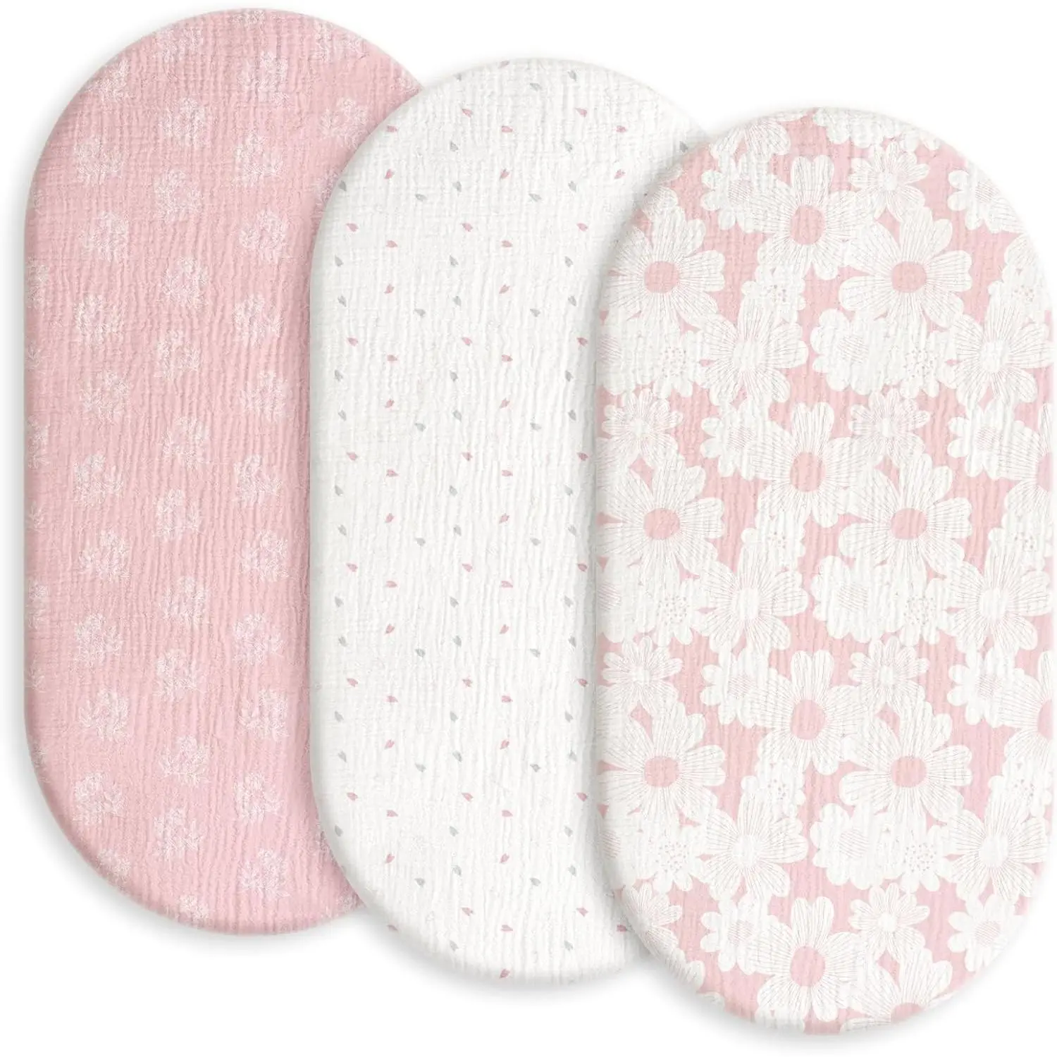 Muslin Bassinet Sheets 3pk, Soft Cotton Baby Sheet Girl 33x17| Breathable Cozy Bassinet Mattress Sheet, Compatible with Halo Bassinest Swivel Sleeper, Snoo,, Pink Floral Girl