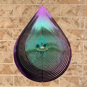 Wind Spinner Garden Indoor Outdoor Decor 3D Stainless Steel Metal Hanging Decorations, Water Droplets Shape Wind Sculptures & Spinners 12inch(Green&Purple),Gifts for Women Mom Dad FriendWind Spinner Mandala 3D