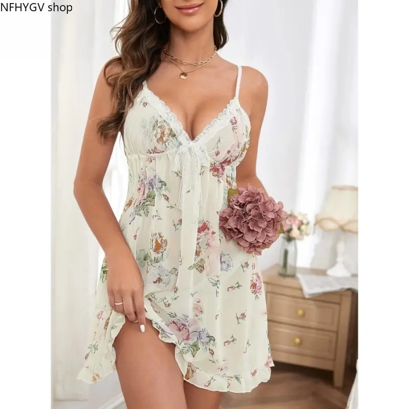 Women Sleep Chemise, Wedding Romantic Floral Loungewear, Cream Floral Chiffon Lace Edge V Neck Tiny Bow Decor Thin Strap Loose Flowy Mini Slip Dress, Skin Friendly Breathable Fabric for Ladies Night Relax Wedding Honeymoon Styling
