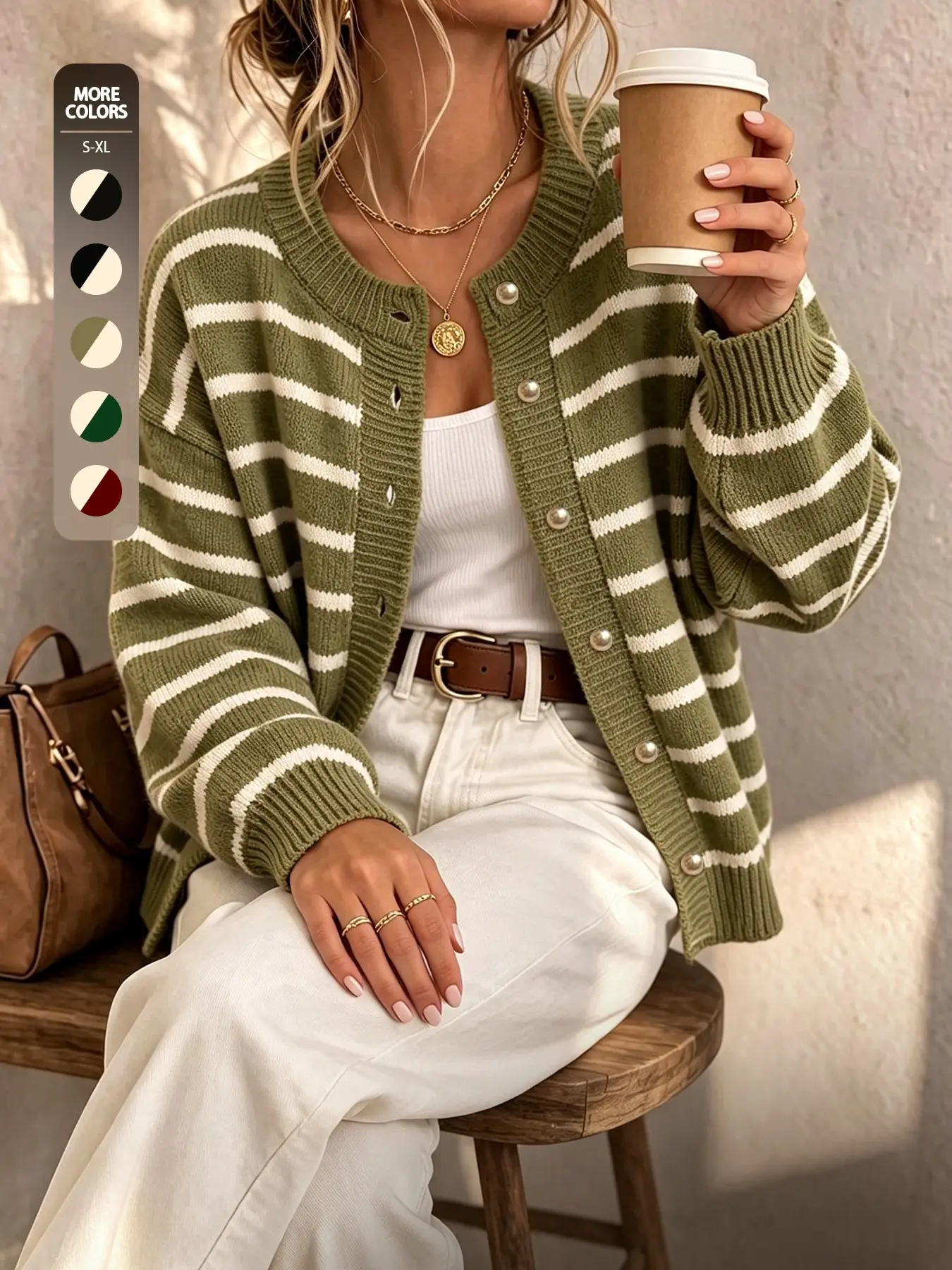 French Classic Striped Knit Cardigan for Women, Round Neck Pearl Button Loose Fit Long Sleeve Jacket, Casual Spring Fall Outerwear