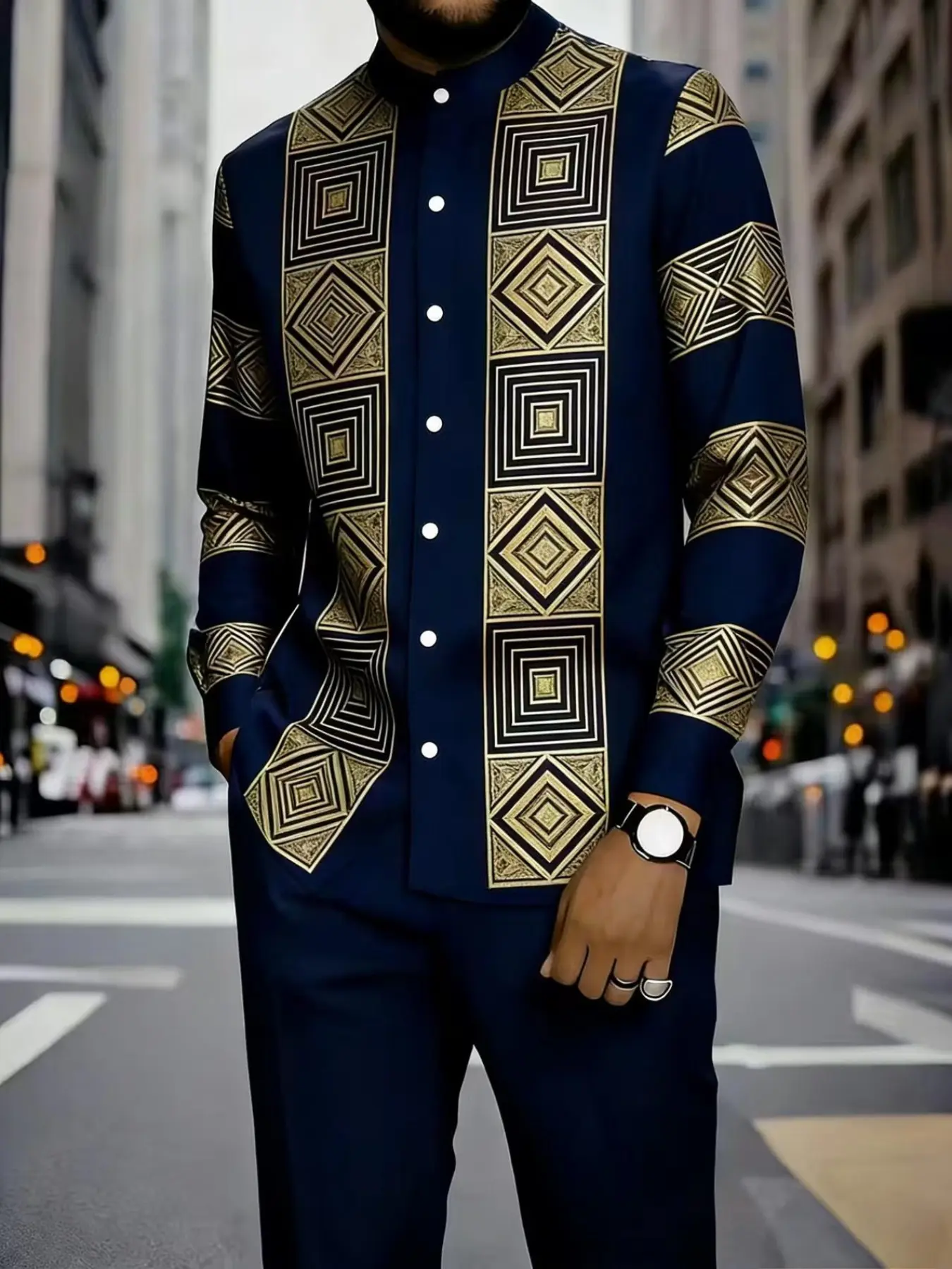 Men's fashion two-piece casual set: long sleeved smooth shirt and long pants multi-color, Print stand up collar set, suitable for parties, wedding occasions, spring, summer, autumn wear, versatile for daily use