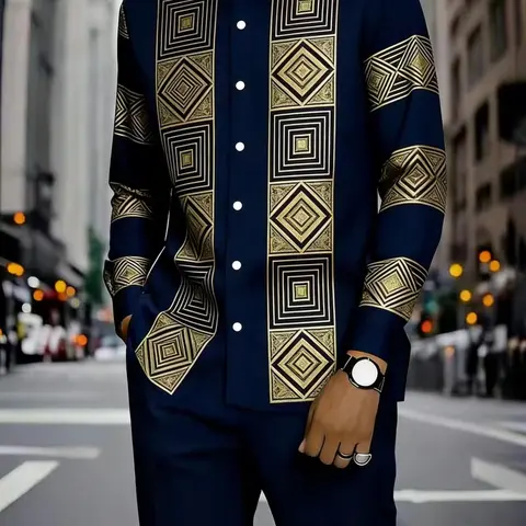 Men's Casual Fashion Two-Piece Set Smooth Geometric Print Pattern Long Sleeve Shirt & Long Pants, Multi-Color, Suitable for Parties & Wedding Occasions, Versatile Summer & Autumn Clothes for Daily Wear
