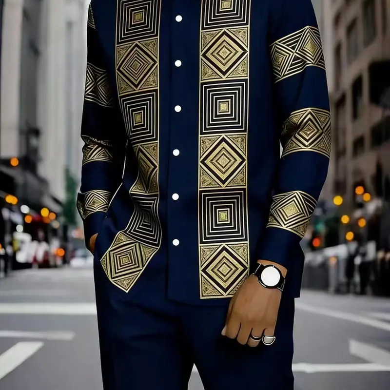 Men's Casual Fashion Two-Piece Set Smooth Geometric Print Pattern Long Sleeve Shirt & Long Pants, Multi-Color, Suitable for Parties & Wedding Occasions, Versatile Summer & Autumn Clothes for Daily Wear