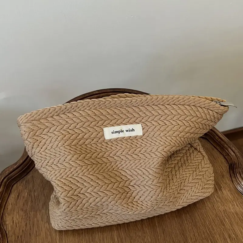 【Black Friday】1-Piece Textured Zippered Makeup Bag for Women, Vintage Portable Cosmetic Pouch for Travel and Makeup Storage